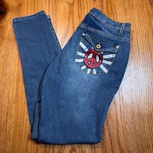 Moto Blues Jeans Women's 14 32X31 Boho Painted Peace Sign Embellished Pocket